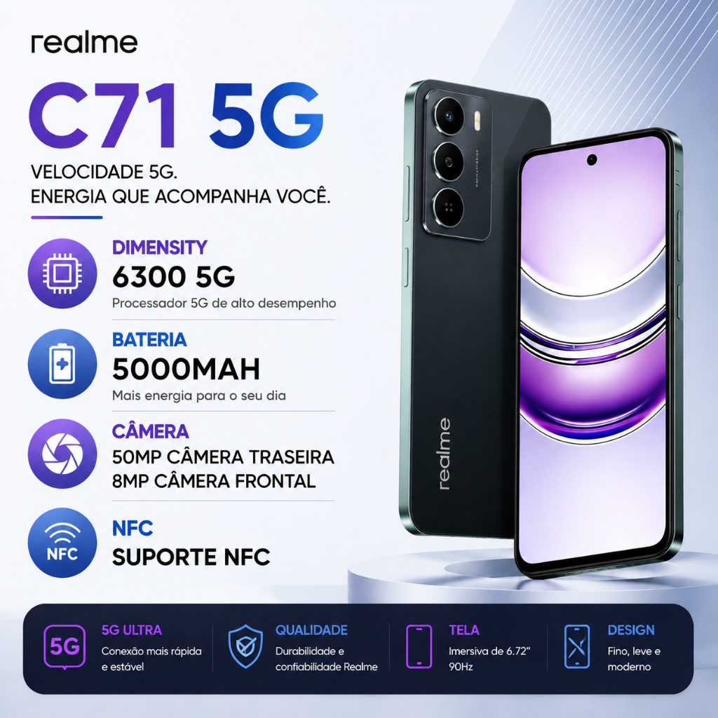 Realme C71 5G 256GB/8GB RAM, Com NFC，Processador MediaTek Dimensity 6300, Versão global