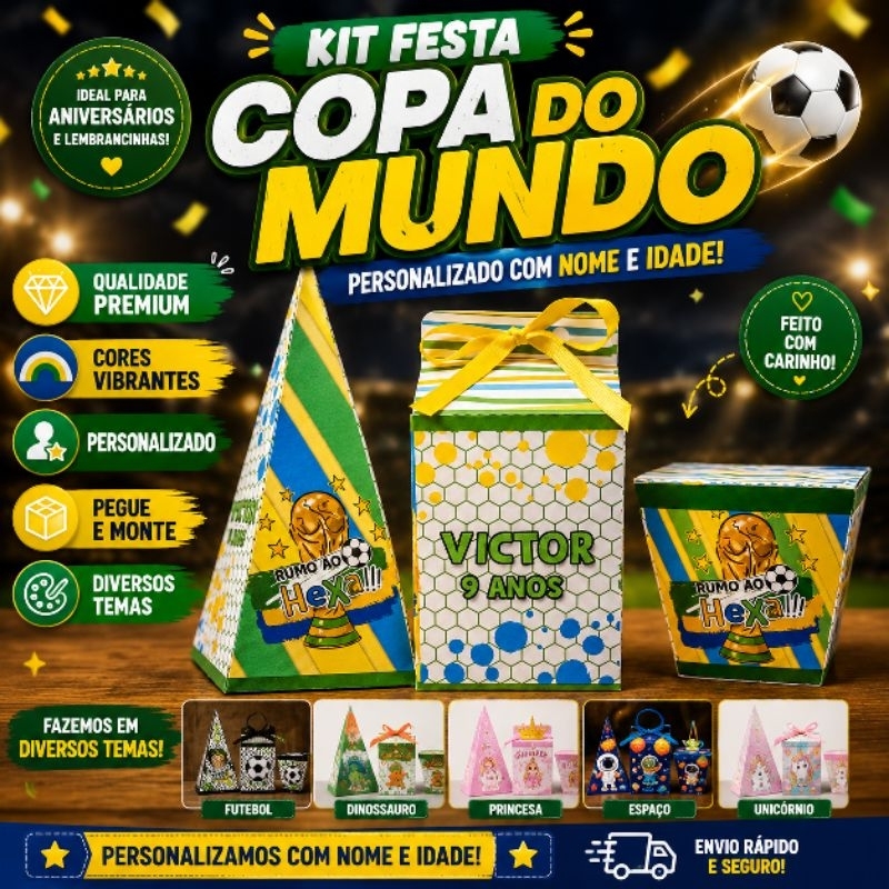 Kit Lembrancinhas Copa do Mundo Personalizadas Festa Futebol Brasil caixinhas Pegue e monte