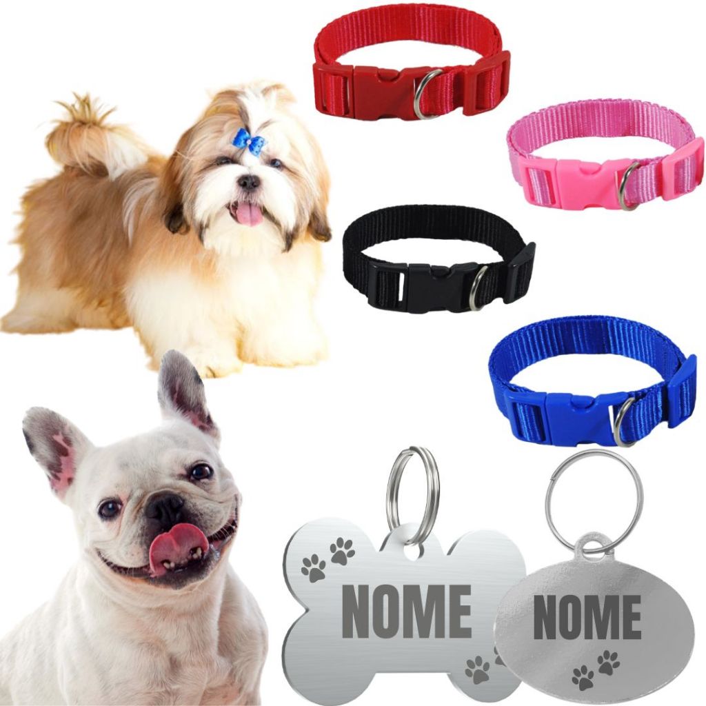 Coleira Placa de Identificação Pet Plaquinha Pingente Personalizada Cachorro Cães