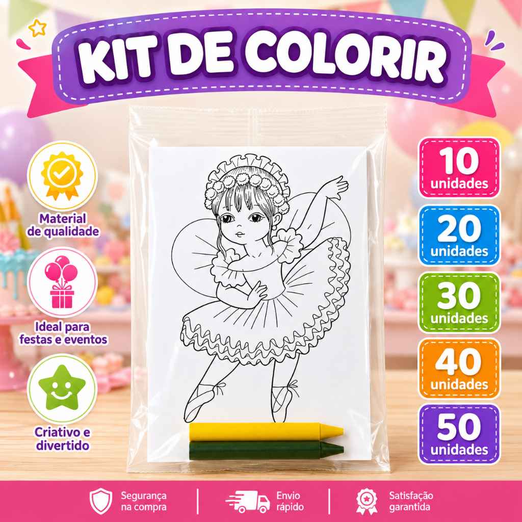 Kit Lembrancinhas de Colorir Personalizadas Bailarina, Tema à Escolha – Festa Infantil, Lembrancinha Aniversário
