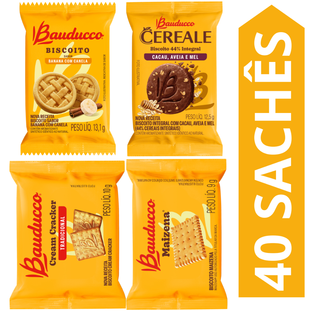 Kit 40 Sachês Biscoito Bauducco Sabores Cereale Cacau, Banana Com Canela, Cream Cracker, Maizena