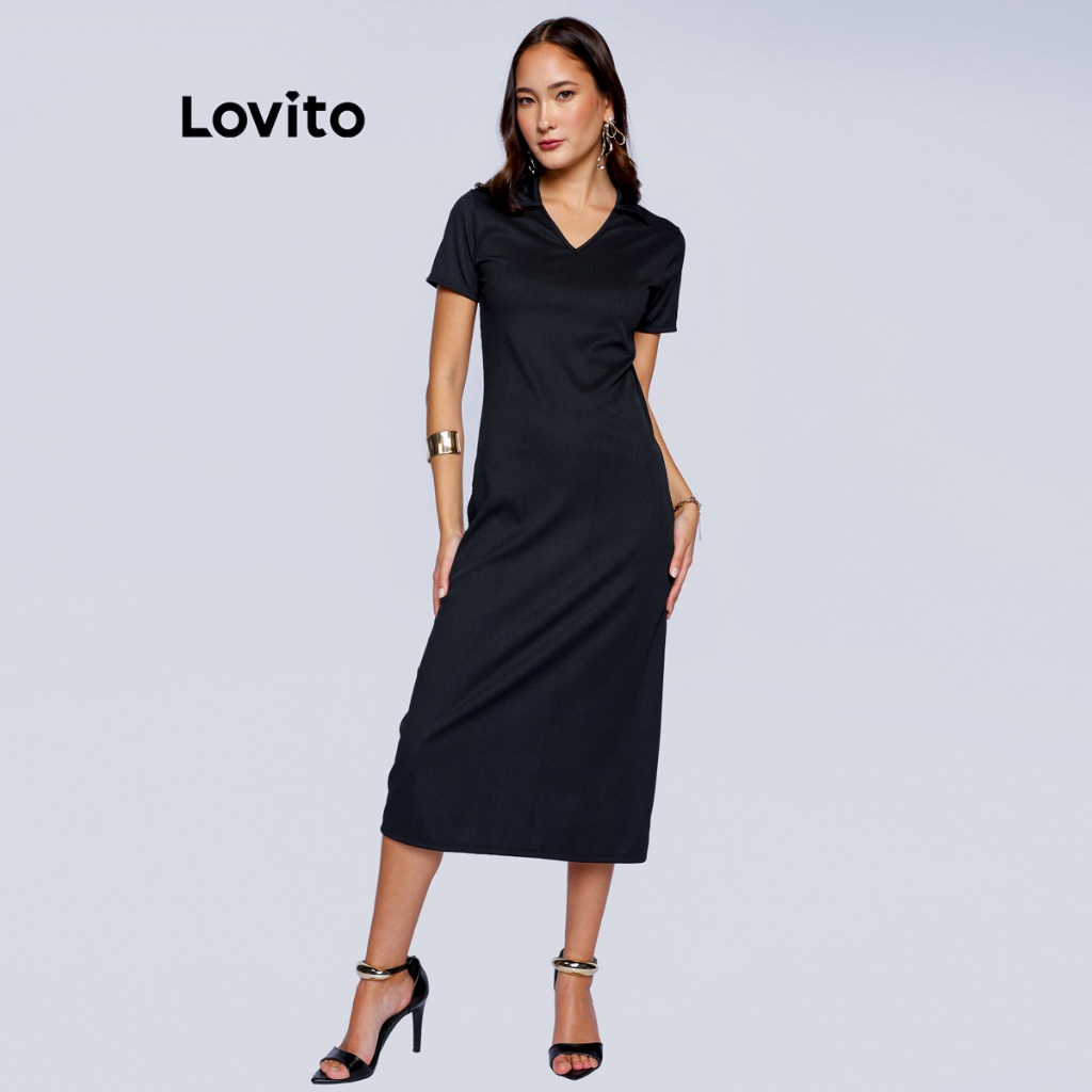 Lovito Vestido Feminino Midi Casual Gola Polo DRB460BRL489