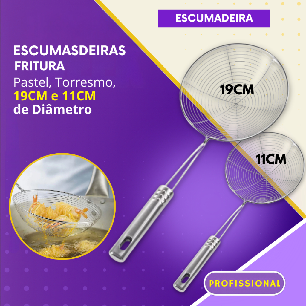 Escumadeiras Fritura Inox para Bar Restaurante Pastel Torresmo Batata Frita Pastelaria