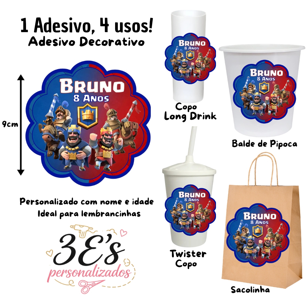Clash Royale - Adesivos Personalizados Sacolinhas Balde de Pipoca Copo Twister Copo Long Drink