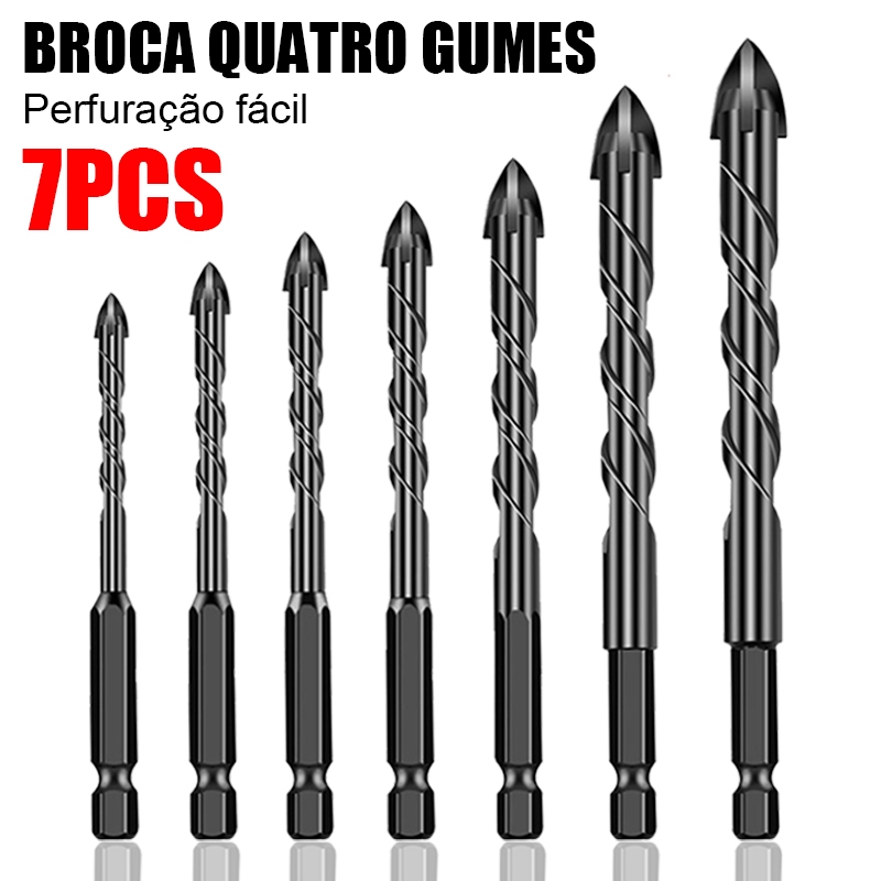 Kit 7 Pecas Broca 4 Pontas para Porcelanato Concreto Vidro e Ceramica de 3 a 12mm