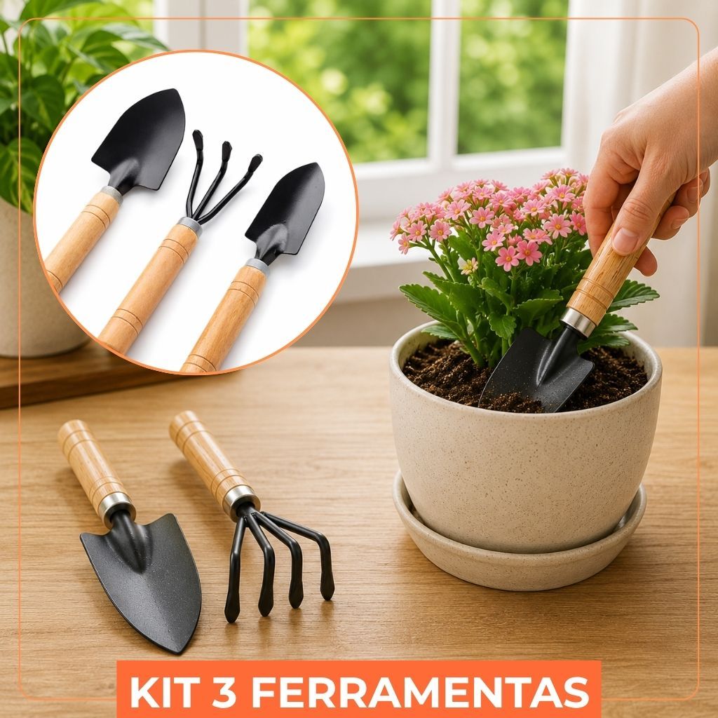 Kit Jardinagem com 3 peças Conjunto Mini Ferramentas Pás e Rastelo Jardim Horta Cultivo