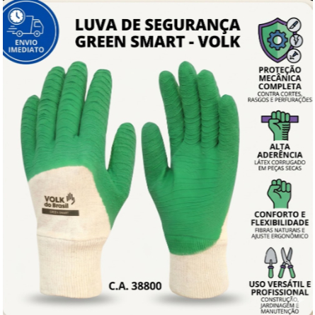 Luva Green Volk CA 38800 Látex Corrugado Construção Civil Obra Jardinagem Resistente Interlock
