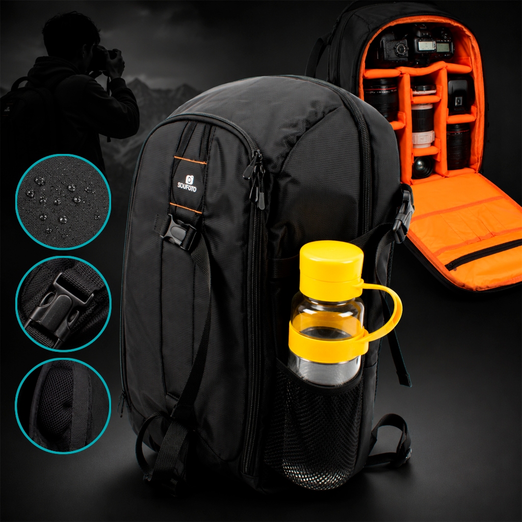 Mochila Bolsa Fotográfica Profissional para Câmera Lentes Acessórios com Capa Impermeável Sou Foto