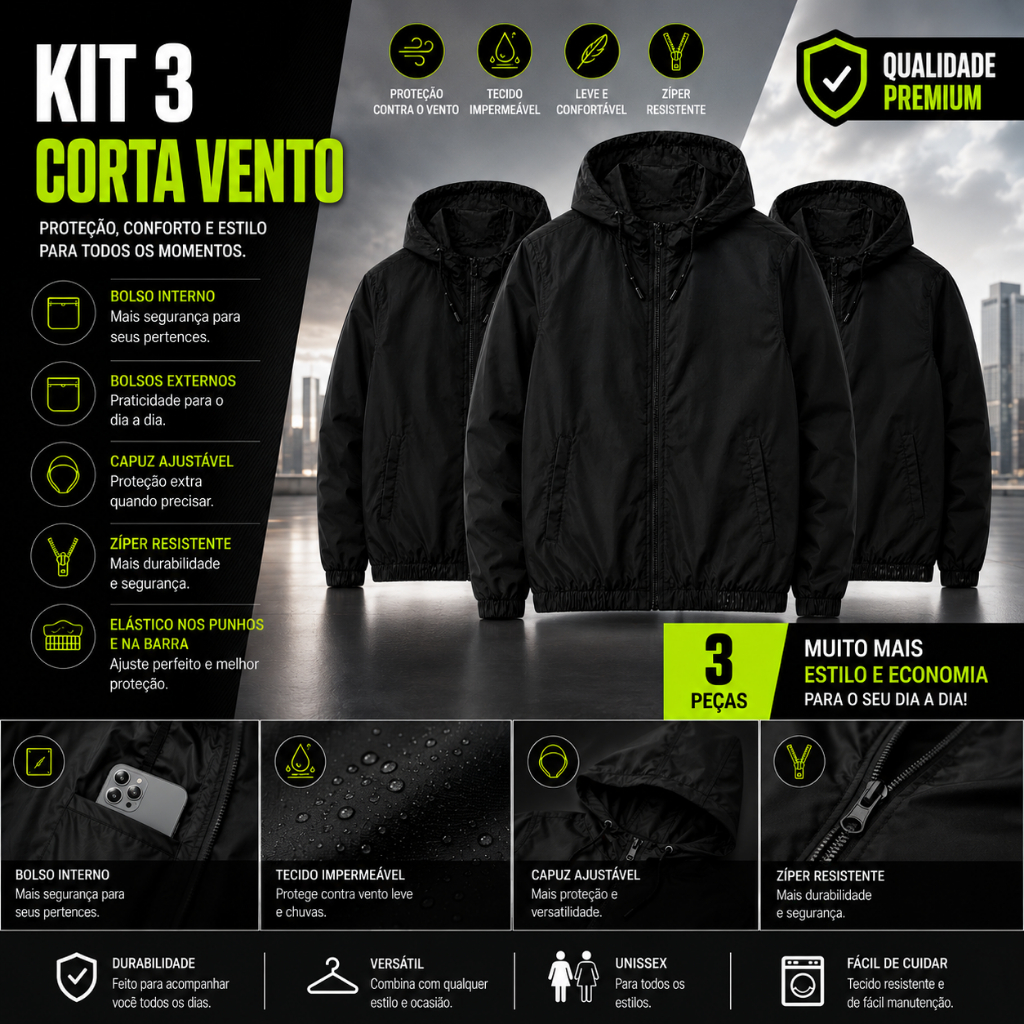Kit 3 Jaquetas Corta Vento Impermeável Masculino Feminino Unissex Premium Com Capuz  Bolso Interno Zíper Reforçado