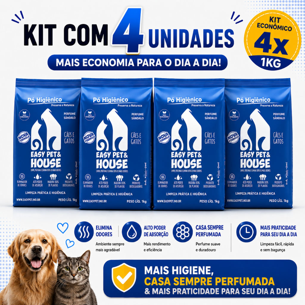 Pó Higiênico Pet Easy Pet & House Marine 4 Unidades | Alta Absorção | Anti Odor | Cães e Gatos