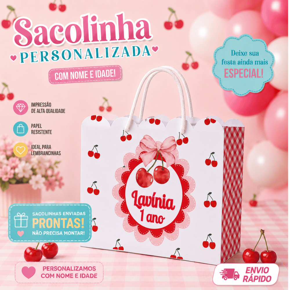 Sacola Personalizada | Lembrancinha de Luxo Festa Infantil | Sacolinha Surpresa | CEREJINHA | CEREJA