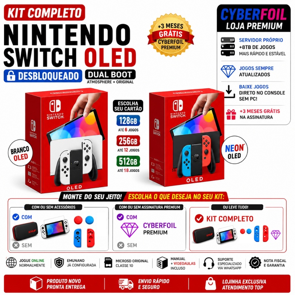 Nintendo Switch OLED NOVO Desbloqueado + Jogos + Acessórios + Cyberfoil Premium …