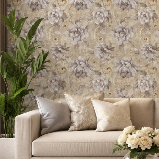 Papel de Parede Adesivo Floral Bege Cinza Prata Vinil Adesivo Lavável Sofisticado Pintura Premium