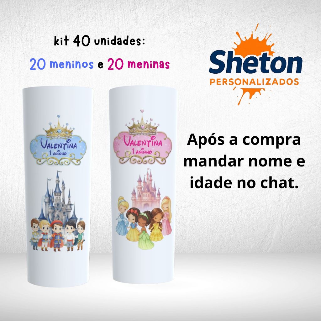 40 copos long drink branco personalizado princesas e príncipes lembrancinha de aniversário.