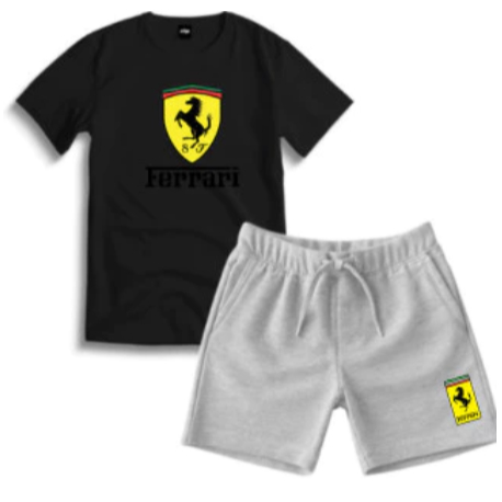 Conjunto Infantil Básico Estiloso – Camiseta Ferrari + Short Estampado Confortável