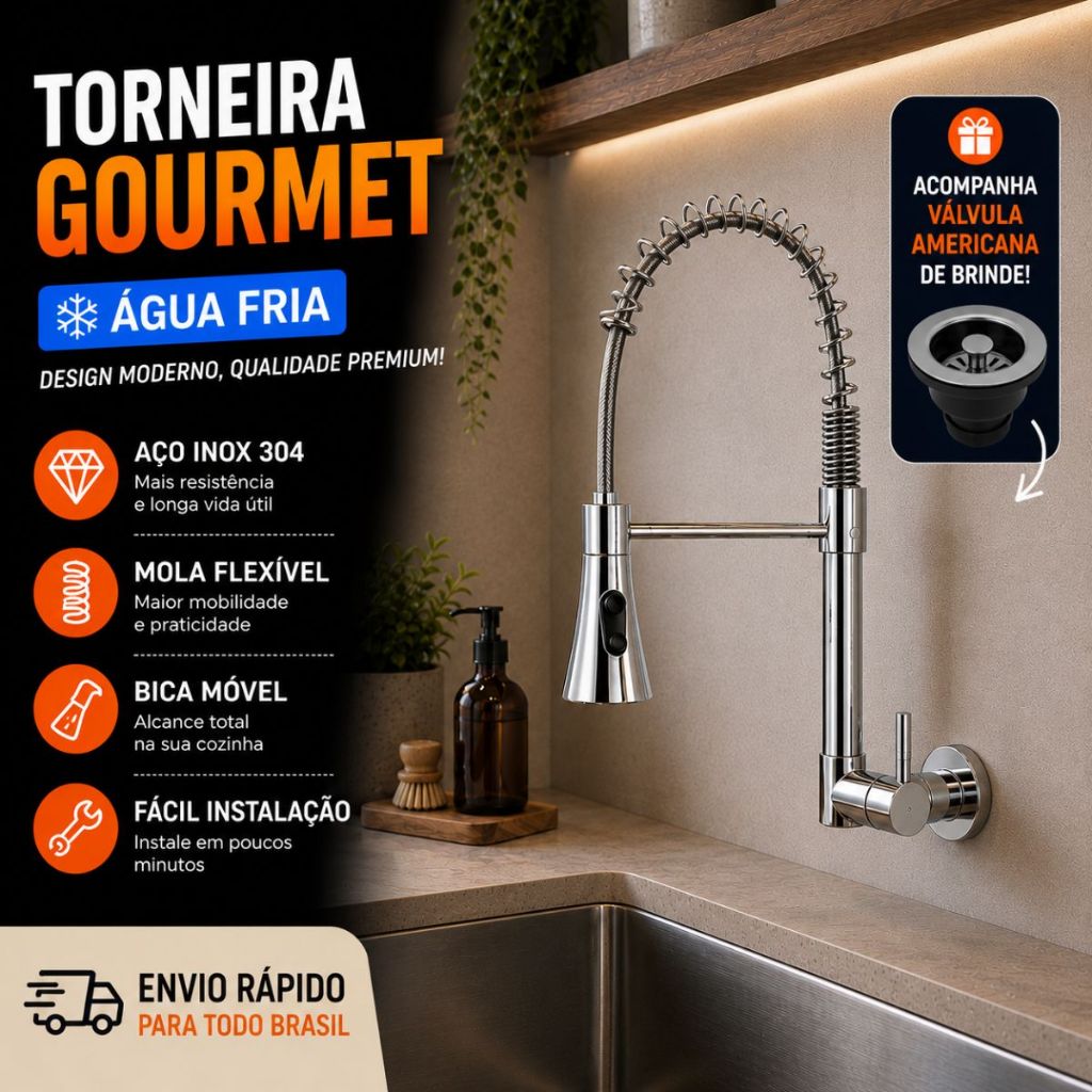 Torneira Gourmet Cozinha Parede Aço Inox Cano Flexível Luxo Cromada Premium Alta
