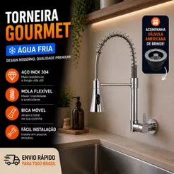 Torneira Gourmet Cozinha Parede Aço Inox Cano Flexível Luxo Cromada Premium Alta