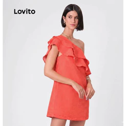 Lovito Vestido Feminino Curto de Um Ombro Só com Babados DRB76BRL105