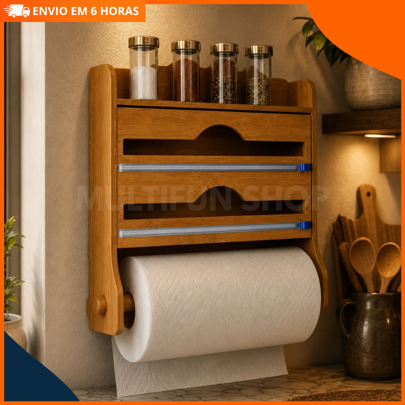 Porta Papel Toalha Bambu Suporte 3 em 1 Organizador Cozinha Dispenser Filme Plastico Alumínio Cortador Prateleira Temper