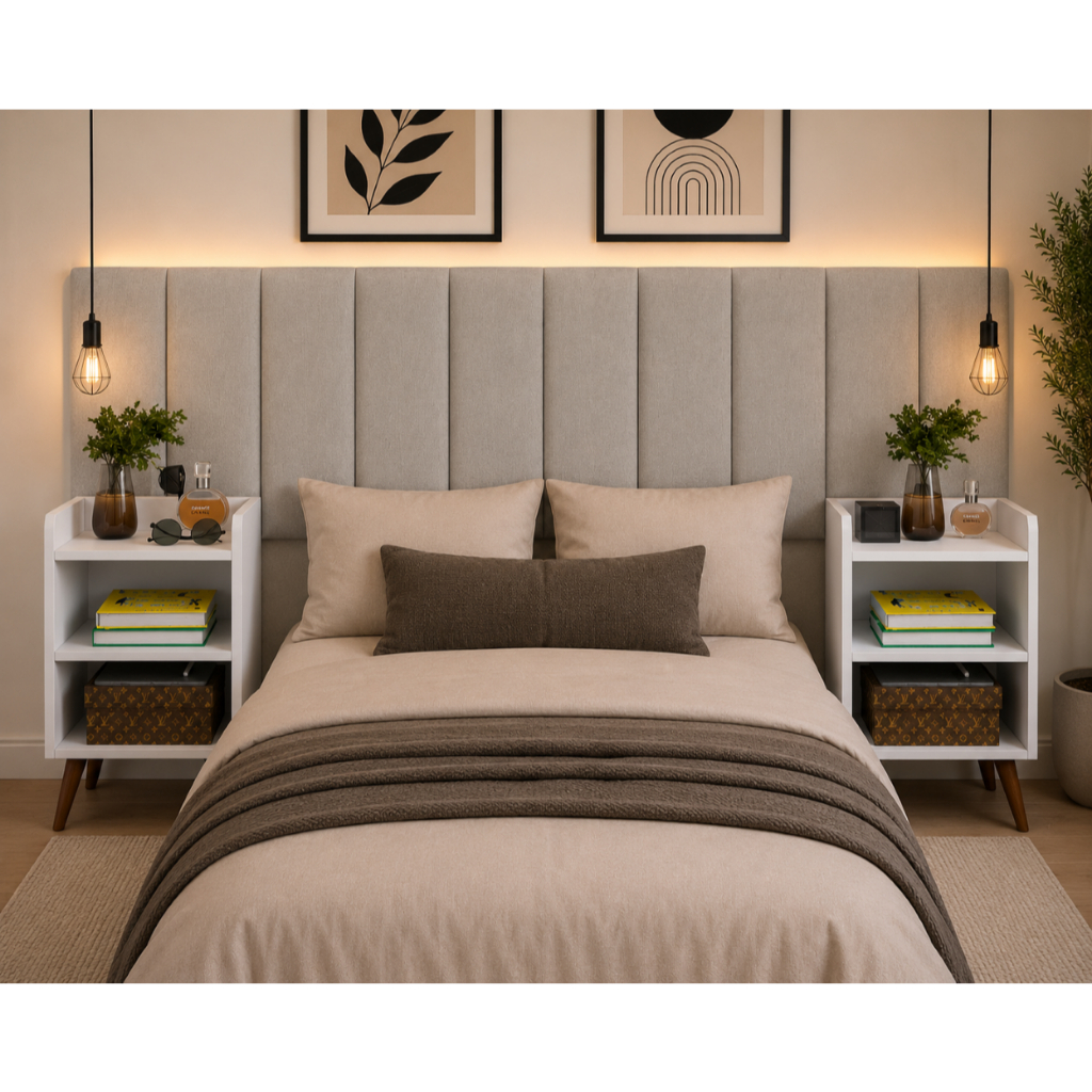 Kit com 2 Mesas de Cabeceira Criado Retro e Cabeceira Modular para Cama Solteiro Casal Queen King