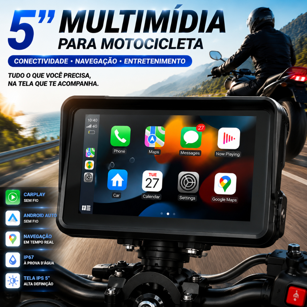 Central Multimídia Moto 5" Universal GPS Navigator MP5, Bluetooth CarPlay Android Auto, Tela Touch IP67 à Prova d'Água