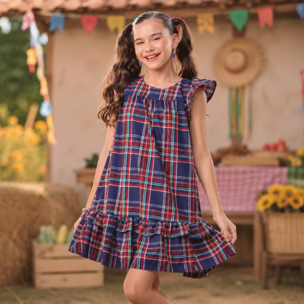 Vestido Infantil Xadrez Festa Junina Manguinha Crepe Santorine Lavável Não Desbota Confortável