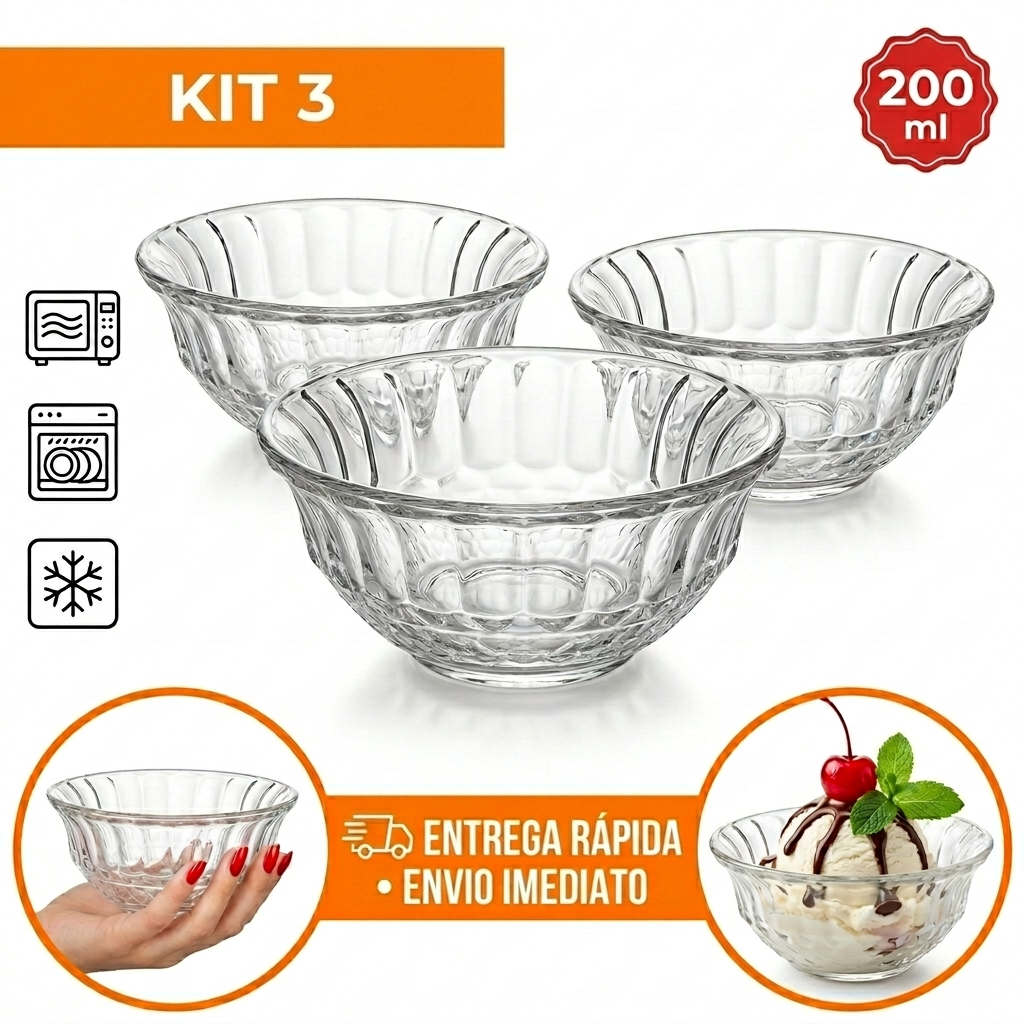 Kit Jogo de 3 Tigelas pequenas de sobremesa taça de vidro Konia Sorvete 200ml Vidro Transparente Liso Desing Moderno
