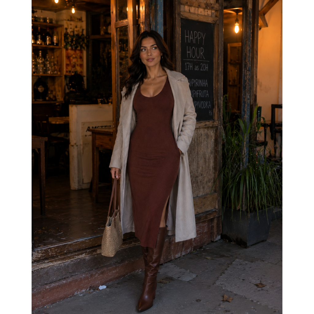 Vestido Feminino Midi Canelado Elegante Outono Inverno Confortável Boiadeira Country