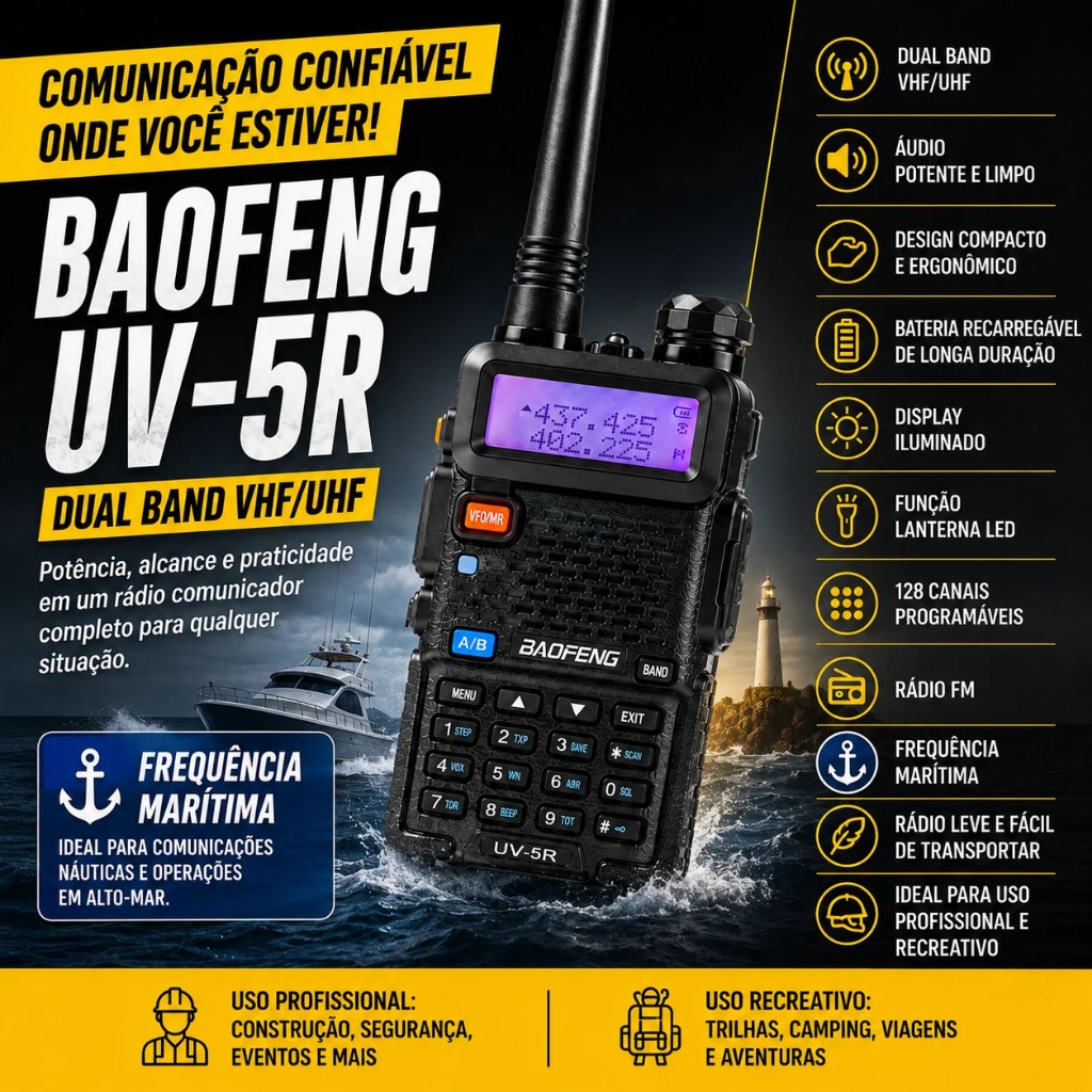 Rádio Comunicador Baofeng UV-5R Frequência Marítima Kit Completo