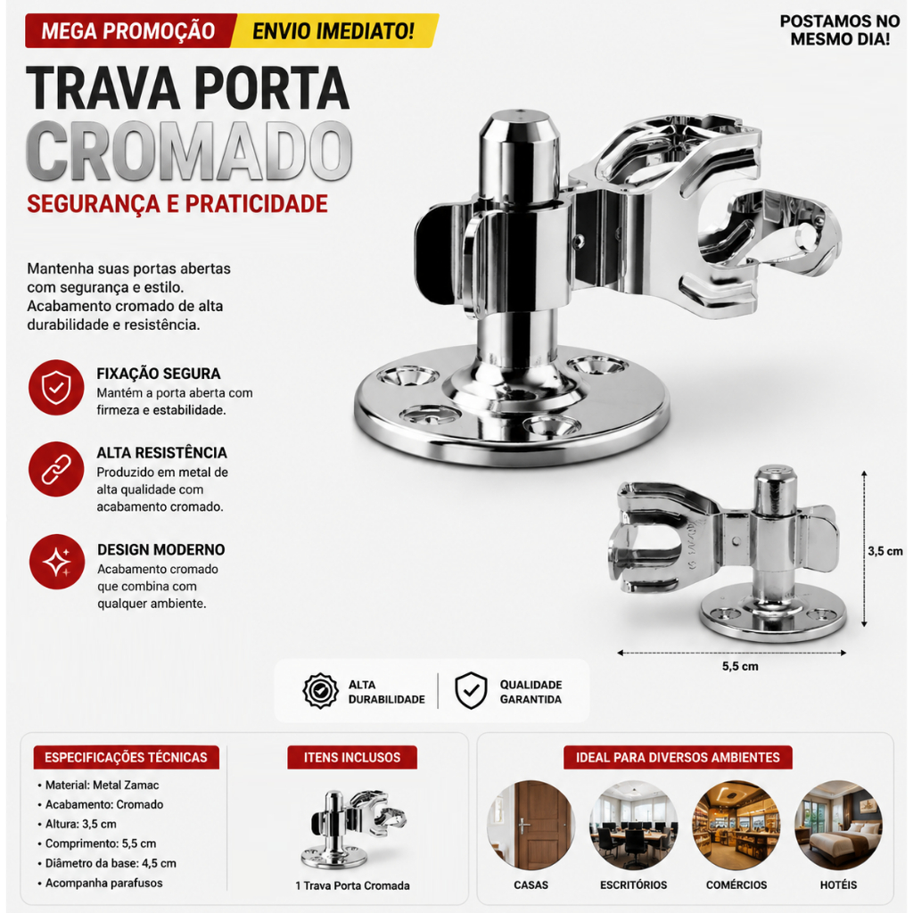 Trava Porta Piso Cromado Aço Reforçado Prendedor de Porta Fixador Batente Porta Metal Reforçado