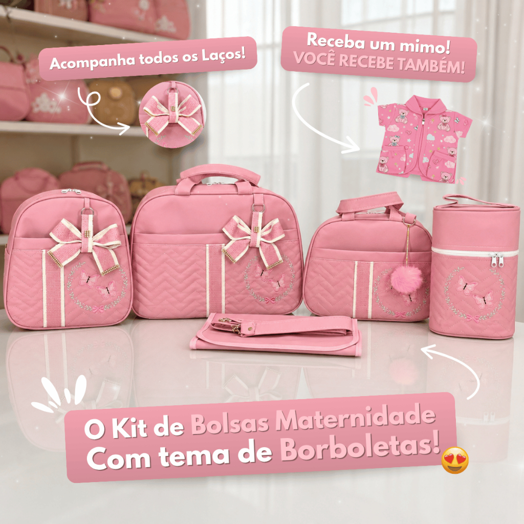 Kit de Bolsa para Meninas Enxoval Saída Maternidade Completo com 5 peças com Borboletas