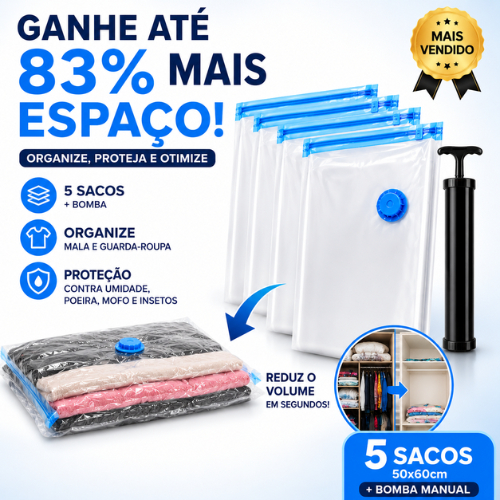 Kit 5 Sacos a Vácuo 50x60 Organizador Roupas Edredom Mala Viagem com Bomba Manual Guarda Roupa Economiza Espaço