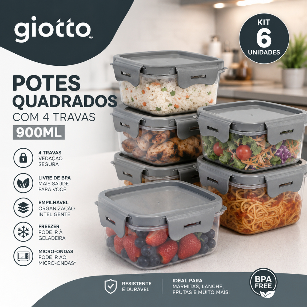 Kit 6 Potes 900ml Cinza com 4 Travas Vedação Segura para Alimentos Hermético Marmita Fitness Giotto