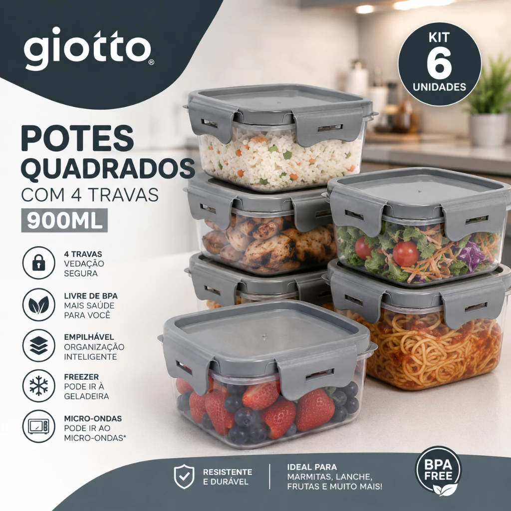 Kit 6 Potes 900ml Cinza com 4 Travas Vedação Segura para Alimentos Hermético Marmita Fitness Giotto — imagem 1