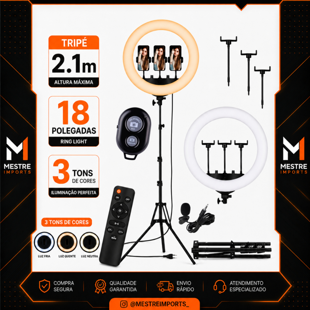 Ring Light Led Grande Iluminador 46cm 18 Polegadas + Tripé + controle bluetooth e microfone lapela