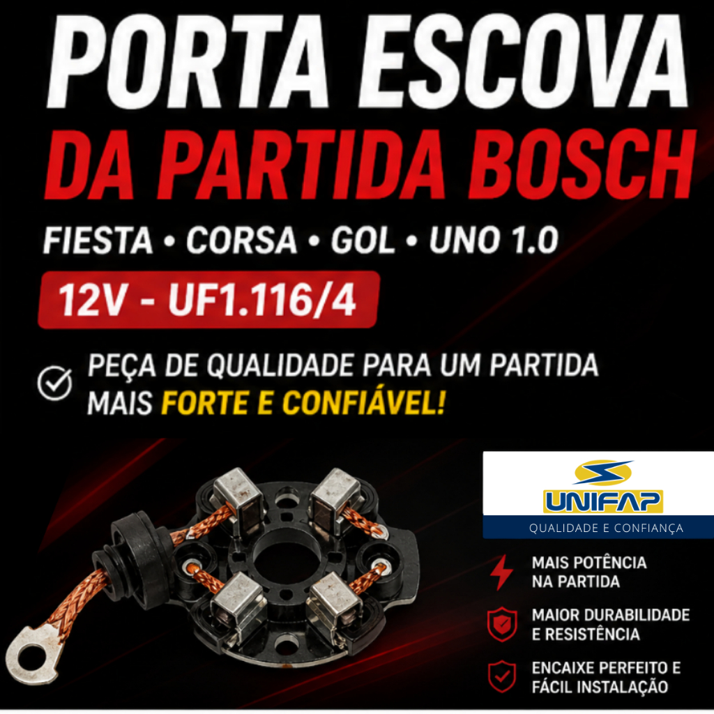 Porta Escova Motor de Partida Bosch 12V Fiesta Corsa Gol Uno 1.0 Escova Arranque UF1.116/4