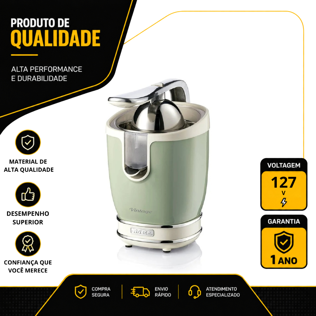 ESPREMEDOR DE FRUTAS ARIETE VINTAGE PRO ELÉTRICO 85W EM AÇO INOX VERDE 127V 00C04130EARBR