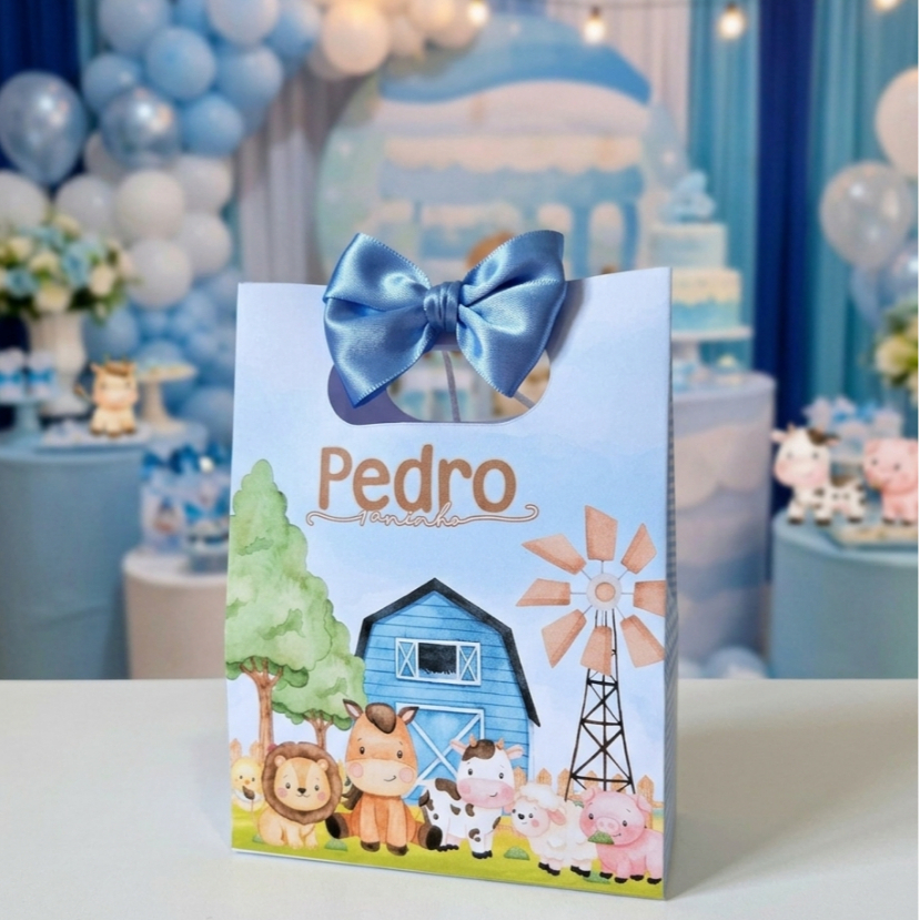 Sacolinha Personalizada Tema Fazendinha Azul para lembrancinha