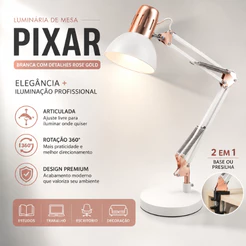 Luminária de Mesa 2 em 1 Universal Pixar com Detalhes Rose Articulada para Escritório e Estudo