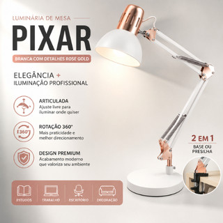 Luminária de Mesa 2 em 1 Universal Pixar com Detalhes Rose Articulada para Escritório e Estudo