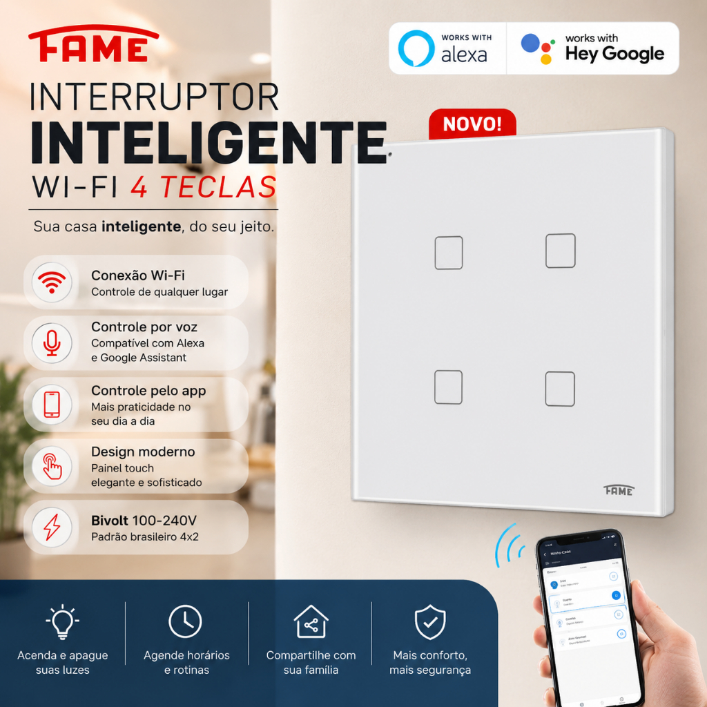 Interruptor Inteligente Touch 4 Teclas Branco FAME Wi-Fi Controle Voz Alexa Google 4x2 Vidro Bivolt