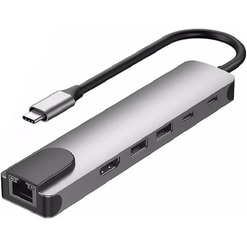 Hub Adaptador USB-C 6 em 1 com HDMI 4K, LAN RJ45 e USB 3.0 | Dock Station Tipo C para Notebook, MacBook, Tablet e PC