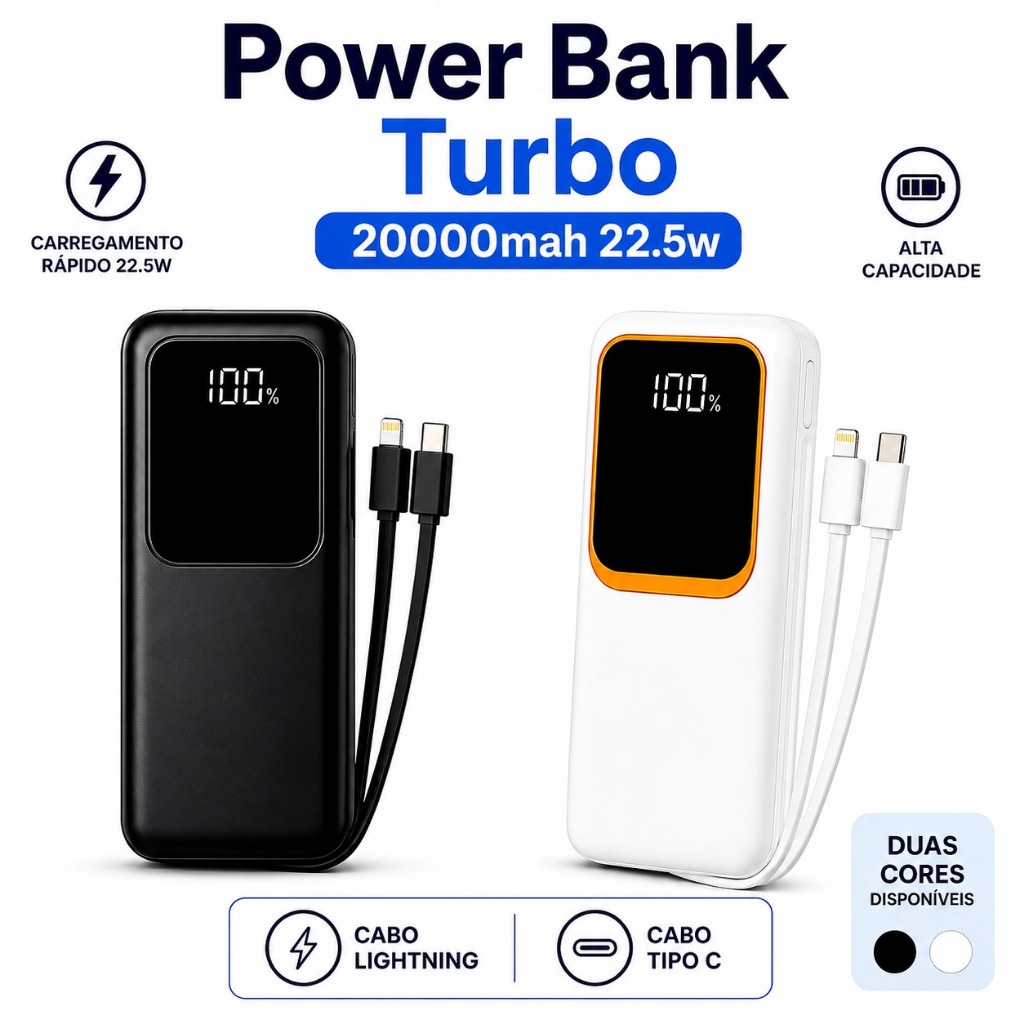 Power Bank Turbo 20000mAh 22.5W Carregador Portátil Premium iPhone Xiaomi Samsung Fast Charge
