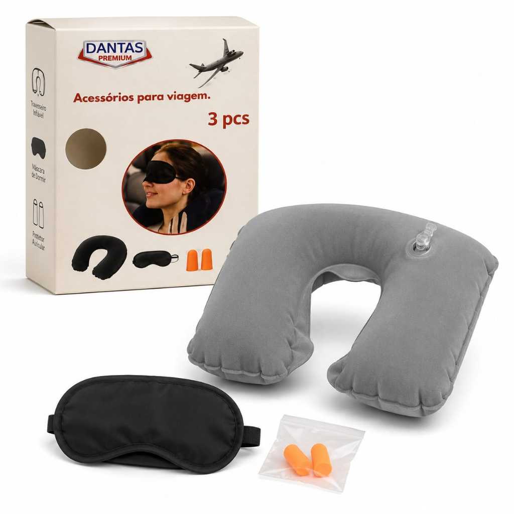 kit viagem 3 acessorios- Almofada de pescoço inflavel protetores auricular mascara para dormir-carro