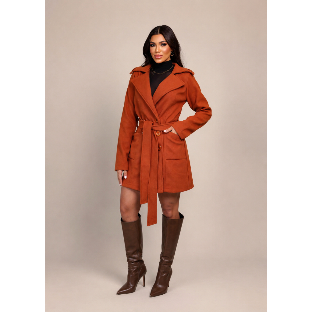 Casaco Feminino Sobretudo Curto Lã Batida Com Cinto Moda Blogueira Elegante Inverno