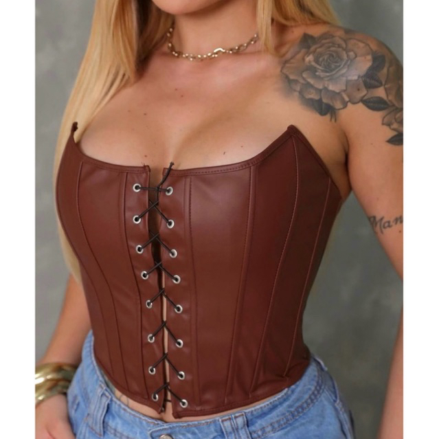 Cropped Corset Feminino Couro Fake Pu Decote Trançado Amarração Frontal Corselete Country Courino Tendência Inverno