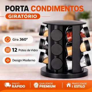 Porta Tempero Condimentos Giratório com 12 Potes de Vidro Preto 360 Graus com Tampa Dosadora GP6