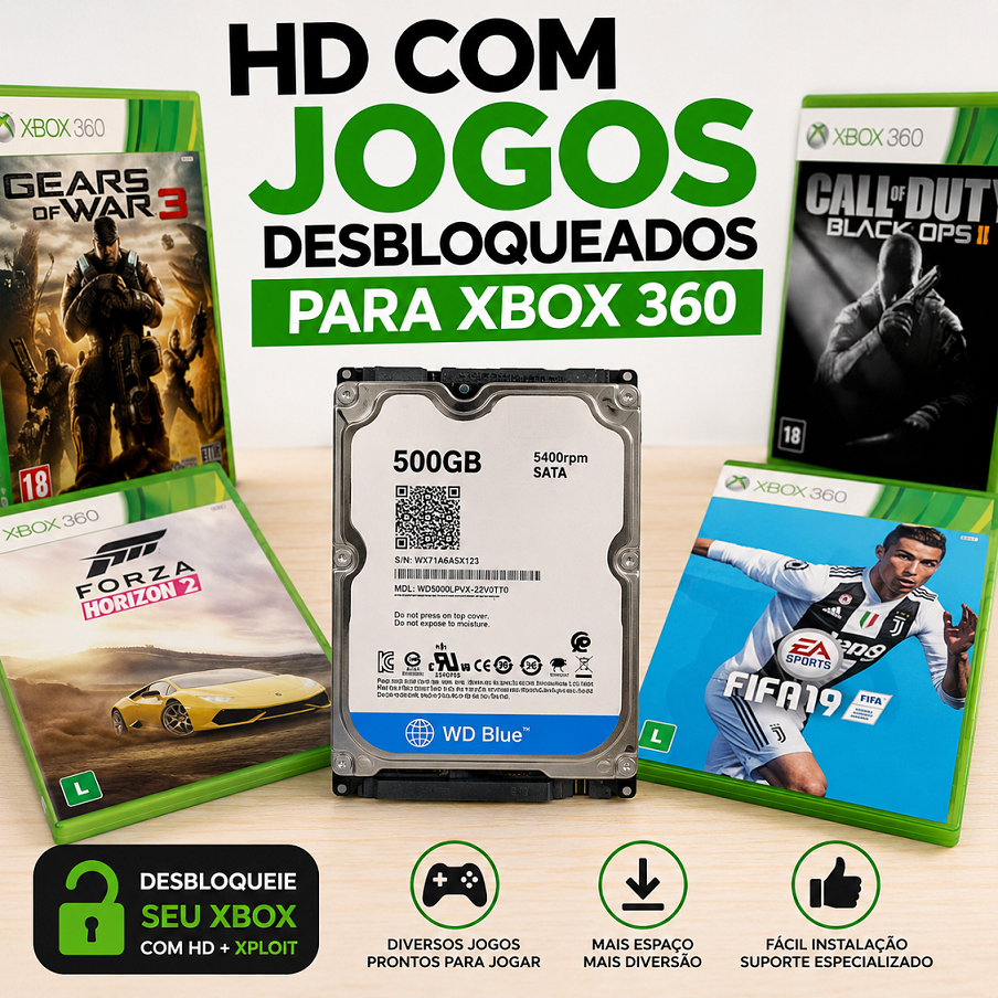 HD EXPLOIT PARA XBOX 360 BLOQUEADO E DESBLOQUEADO COM 200 JOGOS.