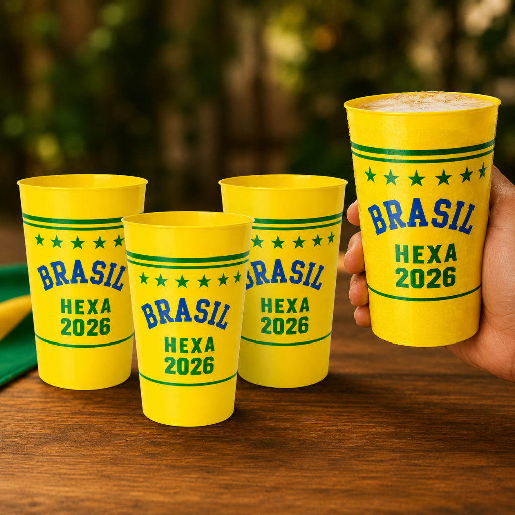 Kit Copos Plástico Hexa Brasil 2026 Futebol 750ml Copa Do Mundo Festa Comemoração