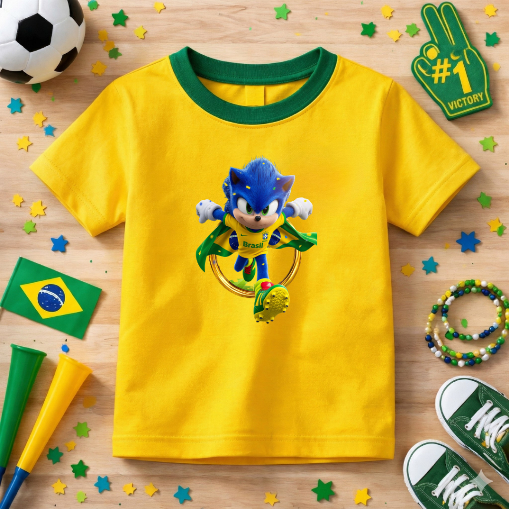 Camiseta Infantil Copa Do Mundo Personalizada Sonic Lançamento Brasil Algodão Premium Confortável